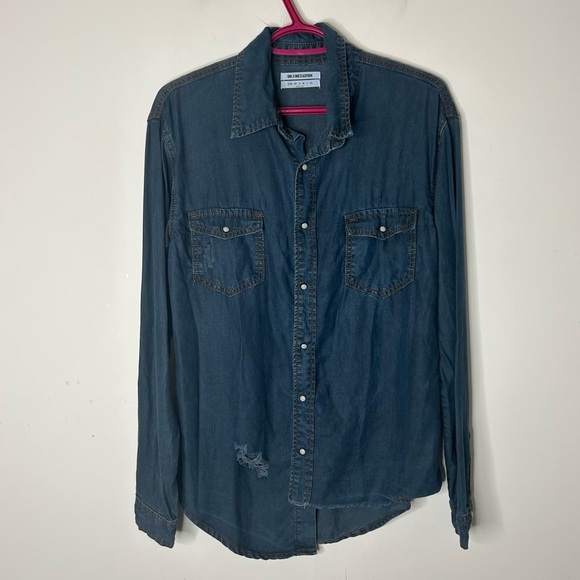 Revolve One Teaspoon Denim Button Down Shirt Tencel Jean Chambray Dark Wash - Picture 2 of 13